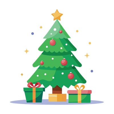Fantasy Christmas tree with gifts. Christmas card background.
