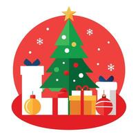 Mockup poster christmas tree and decorations with red background vector