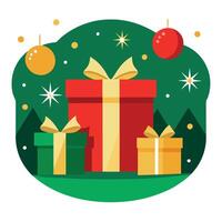 New Year banner with red Christmas gift boxes and golden decorations on dark green background. vector