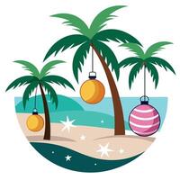Christmas ornaments gleaming on palm trees along a serene tropical beach vector
