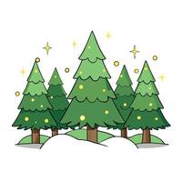 Magical forest with christmas trees and blurry glowing lights vector