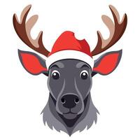 Festive Antlers. Christmas Moose Portrait in Red Santa Hat. Watercolor Print and Poster. vector