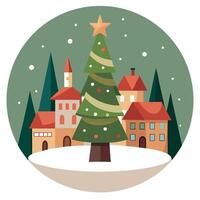 Tall Christmas Tree in the middle of a village square. vector