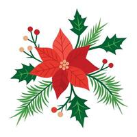 Fir tree twigs and poinsettia flowers edges on simple background with copy space. vector