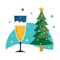 New Year. Christmas card with a glass of champagne. New Year tree and falling snow. Place for text. vector