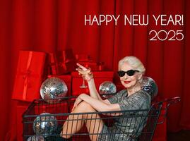 A stylish senior woman with gray hair, wearing sunglasses and a silver dress, sits in a supermarket cart at a party, sipping wine against a backdrop of red curtains. Happy New Year 2025 photo
