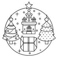 A christmas tree and presents in a circle coloring page vector