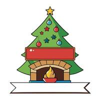 Decorated christmas tree on burning fireplace background. banner with copy space. vector