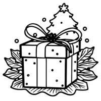 Close-up of a gift box on a snow-covered Christmas tree. vector