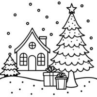 Decorated christmas tree in the night with gifts in front of a snow covered house vector