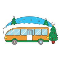 Decorated city bus in the snow with a christmas tree in the background vector