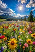 Vibrant wildflower meadow design in and line art style for nature lovers photo