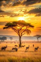 Beautiful design of a savannah at sunset with golden grasses. photo