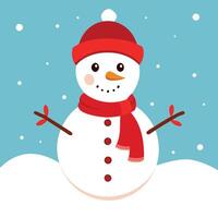 contento linda monigote de nieve con rojo bufanda y sombrero en el nieve - vector