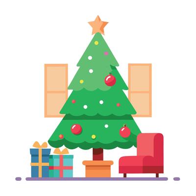 Vertical image of decorated Christmas tree in living room. Happy New Year.