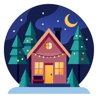 A house with christmas lights on the front porch and trees in the back yard. all lit up at night. vector