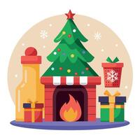 A christmas fireplace with stockings and presents around it and a christmas tree. vector