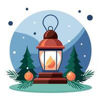 Christmas Lantern On Snowy Table With Fir Branches And Ornaments vector
