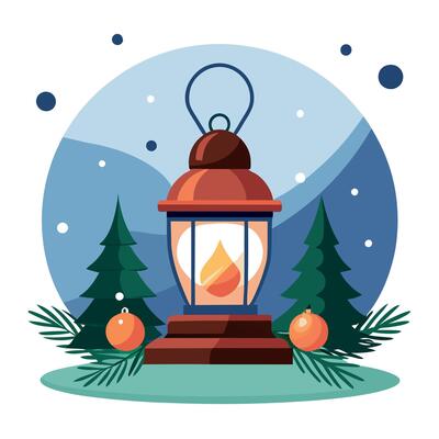 Christmas Lantern On Snowy Table With Fir Branches And Ornaments