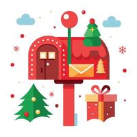 Classic traditional red mailbox adorned with christmas decoration and snow in a snowy village vector