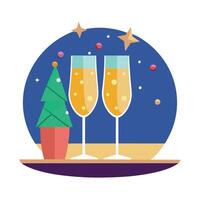 Two glasses of champagne on a table with christmas decoration and bokeh lights on the background vector