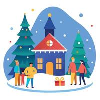A painting of a christmas scene with a lit up house and a tree in the snow with people around it. vector
