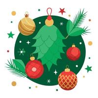 A green christmas background with gold and red ornaments and pine cones. vector