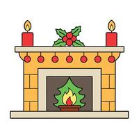 A mantel with candles and christmas decorations on top of it. vector