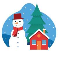 A snowman in a red hat and scarf standing in the snow in front of a house with a christmas tree vector