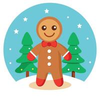Gingerbread person standing smiling surrounded by a christmas backdrop vector
