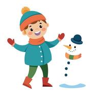 Creative picture illustration small child playing snow making snowman in yard have fun vector