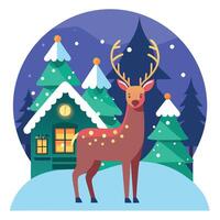 Deer standing in front of a house all lit up with christmas lights on snow night vector