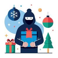 Anonymous person holding a wrapped present in front of christmas decorations created with technology vector