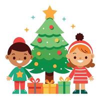 Happy children and christmas tree . gift and happy . vector
