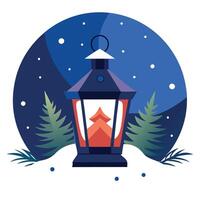 Christmas lantern on snow with fir branch in evening scene vector