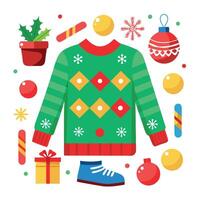 Flat lay of colorful National Ugly Christmas Sweater Day decorations on a wooden table vector