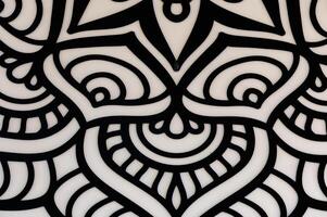 Intricate Black and White Abstract Design Featuring Swirling Patterns and Shapes, Captivating Viewers With Its Mesmerizing Detail and Symmetry photo