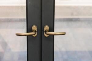 Modern Bronze Handles Adorn Sleek Glass Doors in an Urban Setting Inviting Exploration and Warmth photo