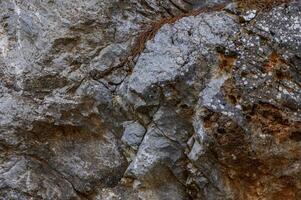 Detailed texture of rugged rock face with patches of moss and vegetation in a natural outdoor setting photo