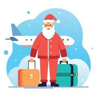 Santa Claus near the plane with suitcases in snowy weather vector