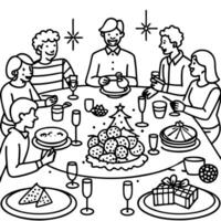 Luxury christmas dinner table. people are gathered and enjoy full of dishes. snacks and wine glasses vector