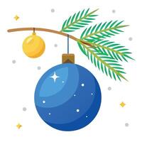 Christmas tree branch with blue bauble and bokeh lights background. vector