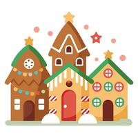 A group of gingerbread houses with christmas lights in the background. vector