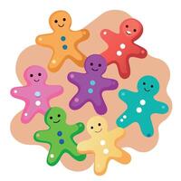 Closeup of many christmas gingerbread men colorful glazed cookies on light pink background. top view vector