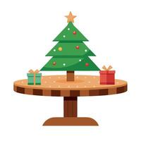 Wooden table top for product display mockup with festive christmas tree background vector