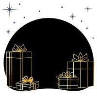 Elegant christmas card with golden gifts and large space for text on dark blue background vector