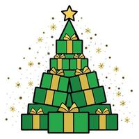 Christmas Tree made of many green and gold presents on a dark background with golden glitter vector