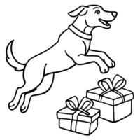 Dog jumping in the air. bouncy and christmas boxes generativa IA vector
