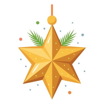 Close-up of gold sparkling star ornament hanging on a christmas tree