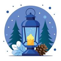 Old christmas candle lantern with spruce branch and cones in snowfall. Blue bokeh forest background. vector